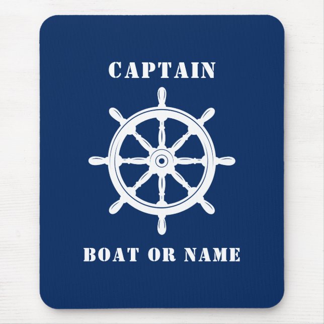 Nautical Ship Helm Captain & Boat or Name Navy Mousepad (Vorne)