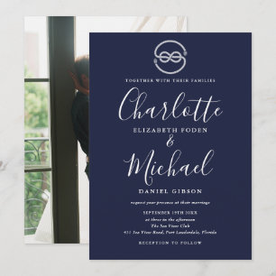 Nautical Ship Knot Navy Blue Script Foto Hochzeit Einladung