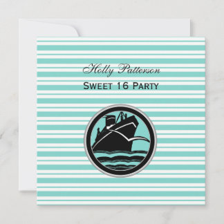 Nautical Ship Lt Blue White Stripe SQ Sweet 16 Einladung