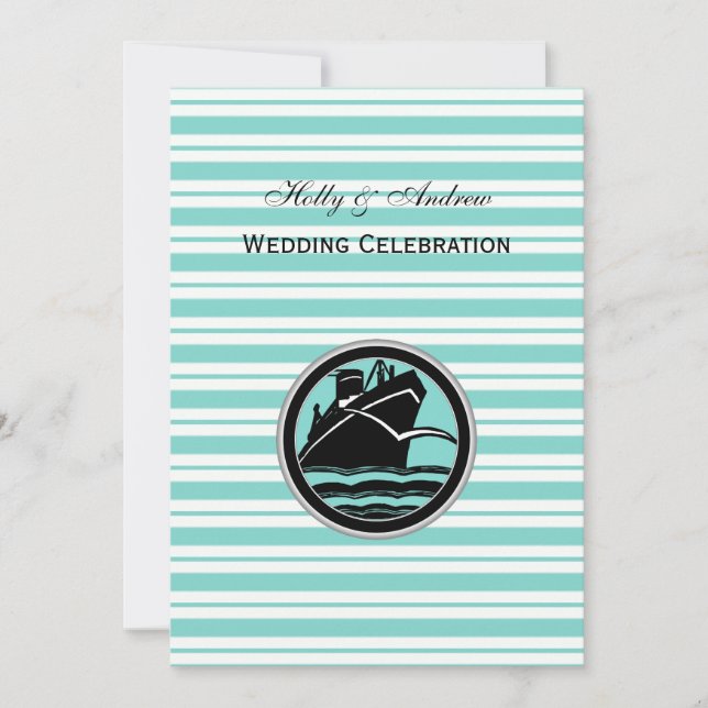 Nautical Ship lt Blue White Stripe V Wedding Einladung (Vorderseite)