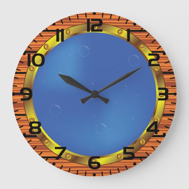 Nautical Ship Porthole Window with Blue Water Große Wanduhr (Vorderseite)