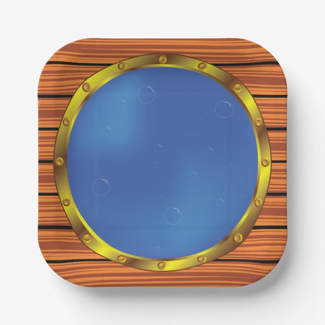 Nautical Ship Porthole Window with Blue Water Pappteller (Vorderseite)