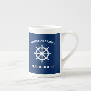 Nautical Ship Wheel Helm Family Beach House Navy Prozellantasse