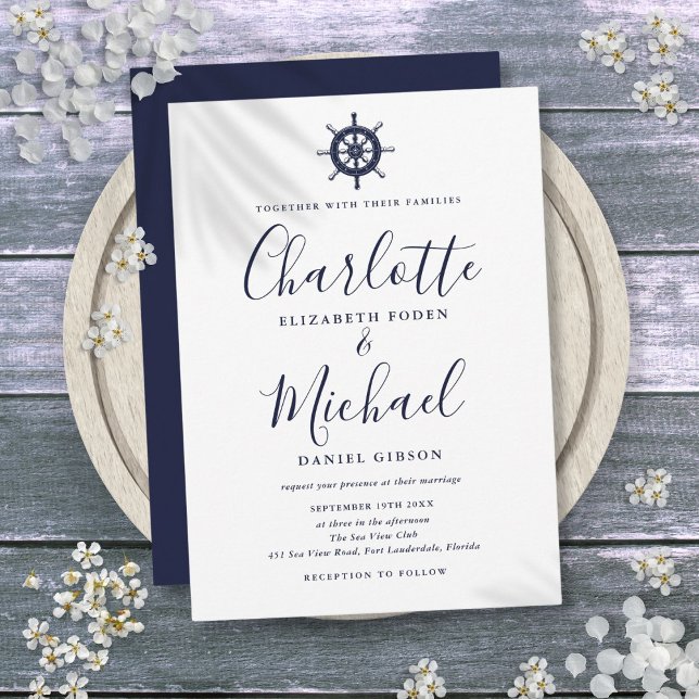 Nautical Ship Wheel Navy Blue Script Hochzeit Einladung (Nautical Ship Wheel Navy Blue Script Wedding Invitation)