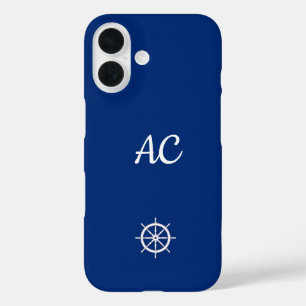 Nautical Ships Wheel Blue+White (personalisieren) iPhone 16 Hülle
