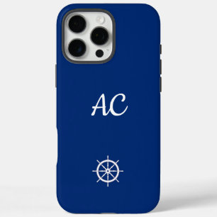 Nautical Ships Wheel Blue+White (personalisieren) iPhone 16 Pro Max Hülle