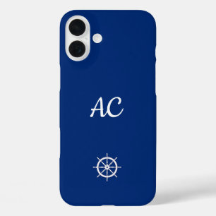 Nautical Ships Wheel Blue+White (personalisieren) iPhone 16 Plus Hülle