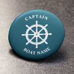 Nautical Ships Wheel Helm Captain Boat Button<br><div class="desc">Navy Deep Teal Nautical Ships Wheel - Helm and Your Personalized Boat Name and Customizable Captain Rank Button.</div>