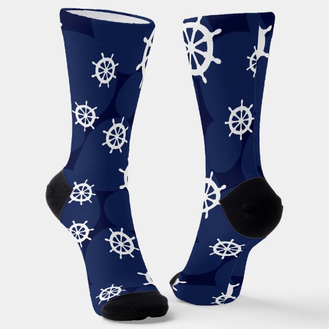 Nautical Ships Wheel Navy Blue and White Muster Socken (Gewinkelt)