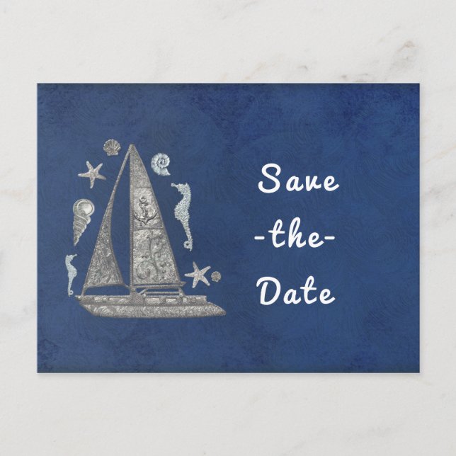 Nautical Silver Boat & Beach Dinge Save the Date Ankündigungspostkarte (Vorderseite)