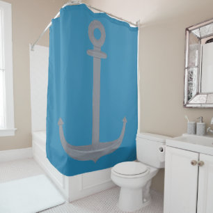 Nautical Silver Gray Anchor on Blue Dusche Vorhang