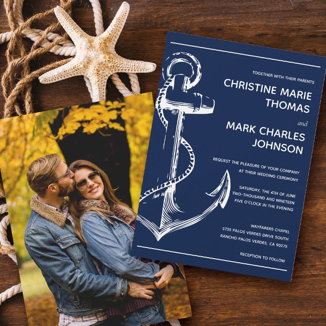 Nautical Sketch Anchor Photo Navy Wedding Einladung (Von Creator hochgeladen)