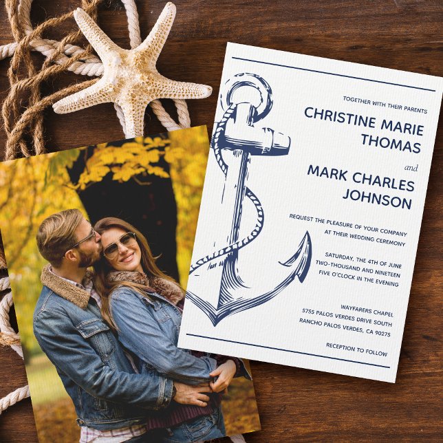 Nautical Sketch Anchor Photo Wedding Invitation Einladung (Von Creator hochgeladen)