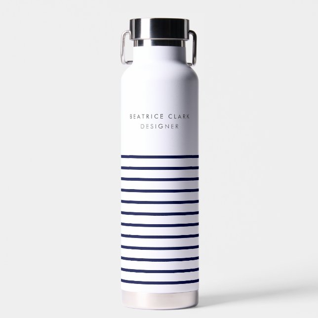 Nautical Stripe Navy Blue Stylish Modern Wa Trinkflasche (Vorne)