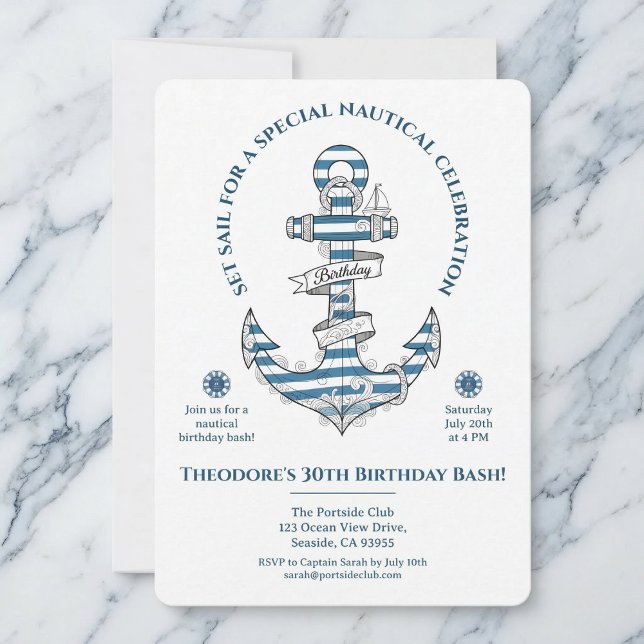 Nautical Striped Anchor Birthday Party Invitation Einladung (Coastal vibes for your special day.)