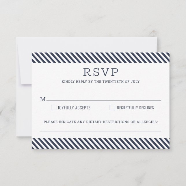 Nautical Striped Navy Blue Wedding Repcard RSVP Karte (Vorderseite)