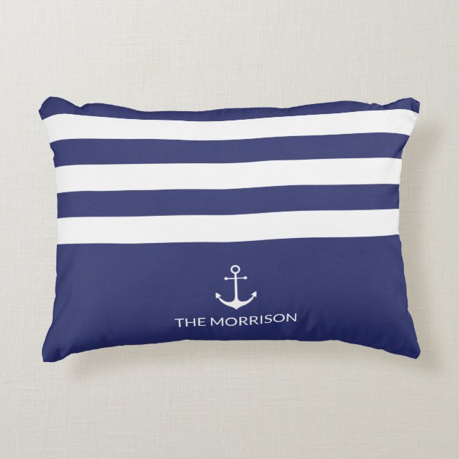 Nautical Stripes Boot Name weißer Ankernacht blau Dekokissen (Vorderseite)