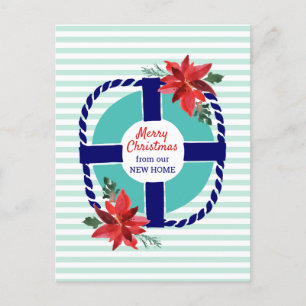 Nautical Stripes Christmas Poinsettias Moving Ankündigungspostkarte