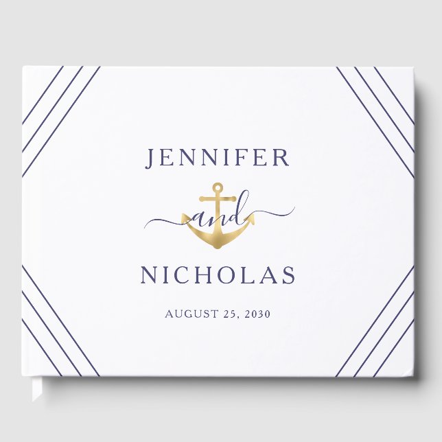 Nautical Stripes Gold Anchor Hochzeit Gästebuch (Vorderseite)