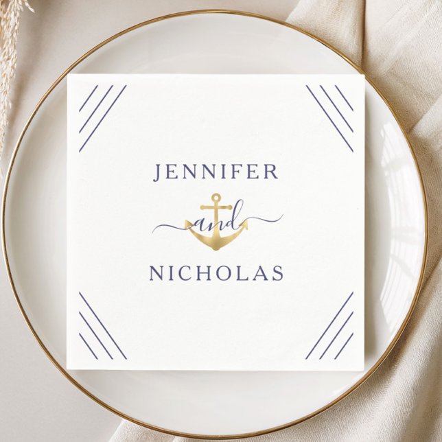 Nautical Stripes Gold Anchor Hochzeit Serviette (Elegant Navy Blue Nautical Anchor Wedding Napkins)