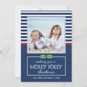 Nautical Stripes Holly Jolly Christmas Flat Card Feiertagskarte