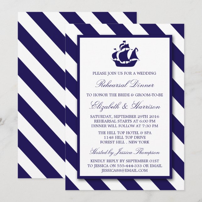 Nautical Stripes Navy Blue Ship Probe Abendessen Einladung (Vorne/Hinten)