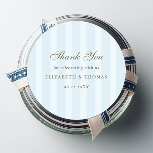 Nautical Stripes Sky Blue Elegante Wedding Gefalle Runder Aufkleber (wild beach wedding couple favor thank you sticker nautical stripes formal modern classic)