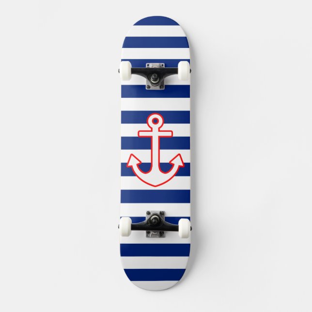 Nautical Style Anchor on Stripes Skateboard (Vorderseite)