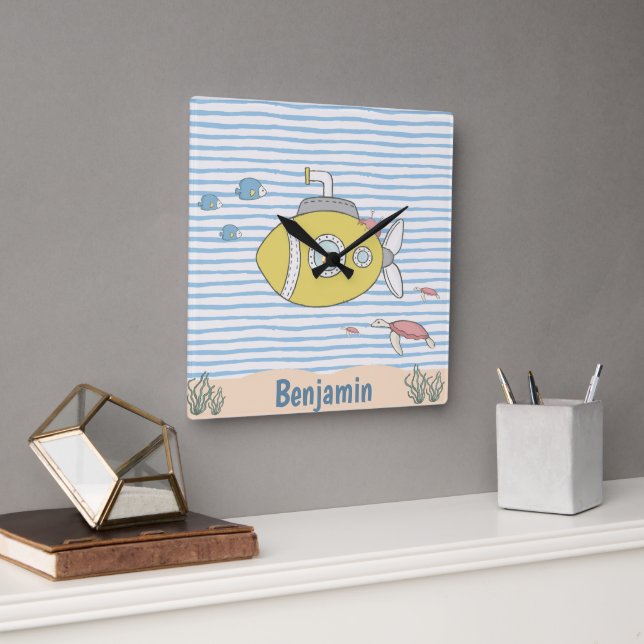 Nautical Submarine Blue Baby Boy Kinderzimmer Quadratische Wanduhr (Büro)