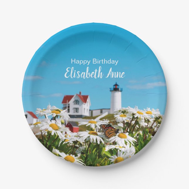 Nautical Summer Birthday Nubble Maine Lighthouse Pappteller (Vorderseite)