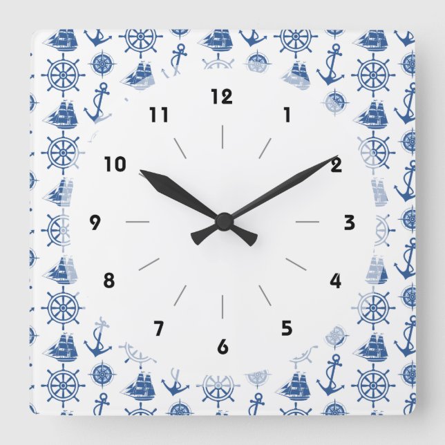 Nautical Theme Anchor Blue and White Quadratische Wanduhr (Vorderseite)