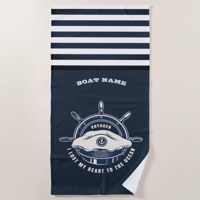 Nautical Theme Boat Name Navy Blue Strip Strandtuch (Vorderseite)