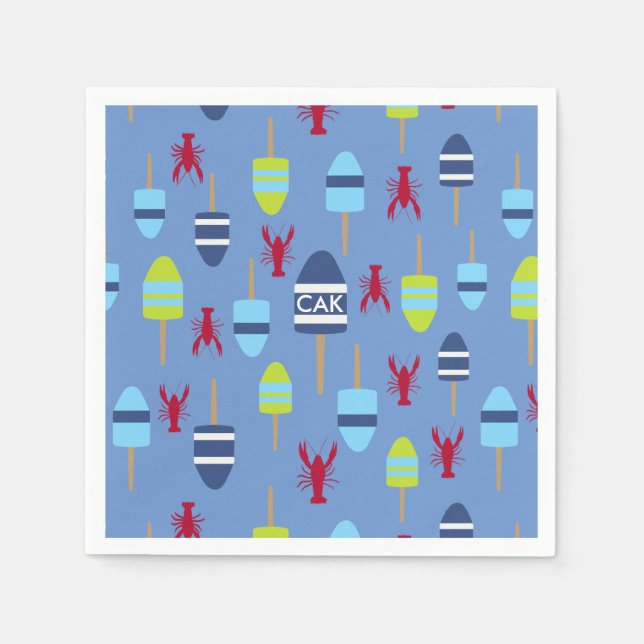 Nautical Theme Buoy and Hummer mit Monogramm Serviette (Vorderseite)