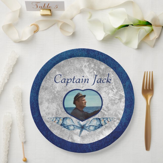 Nautical-Theme Navy Blue Foto Muscheln Aquarell Pappteller (Hochzeit)