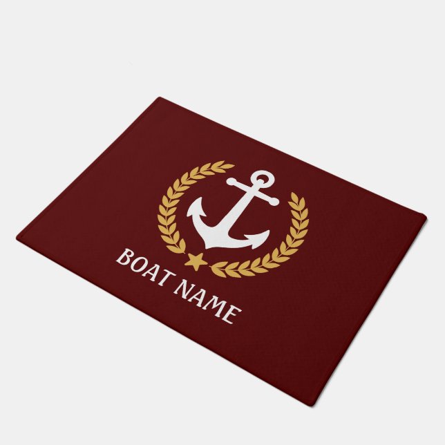 Nautical Themed Anchor Gold Laurel Ihr Boot Name Fußmatte (Schrägansicht)
