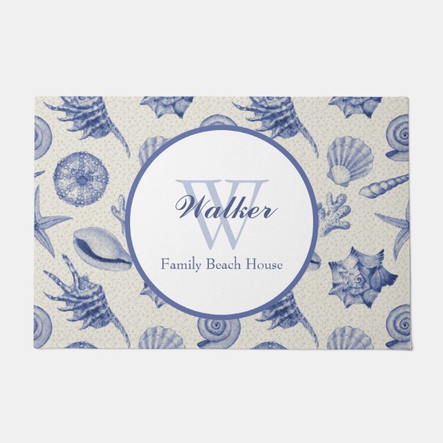 Nautical Themed Blue Seashell Custom Fußmatte (Vorderseite)