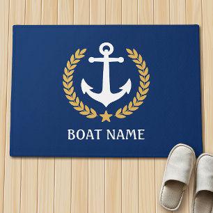 Nautical Themed Bootname Anchor Gold Laurel Blue Fußmatte