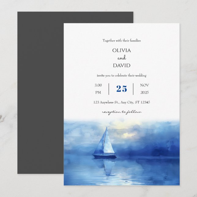 Nautical Twilight Sailboat Blue Sky Beach Hochzeit Einladung (Vorne/Hinten)