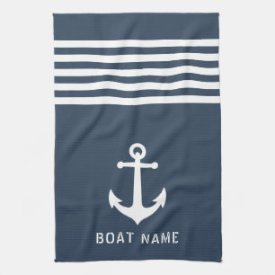 Nautical Vintag Anchor Boat Name Navy Blue Grau Geschirrtuch