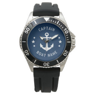 Nautical Vintag Anchor Captain Boat Name Navy Mari Armbanduhr