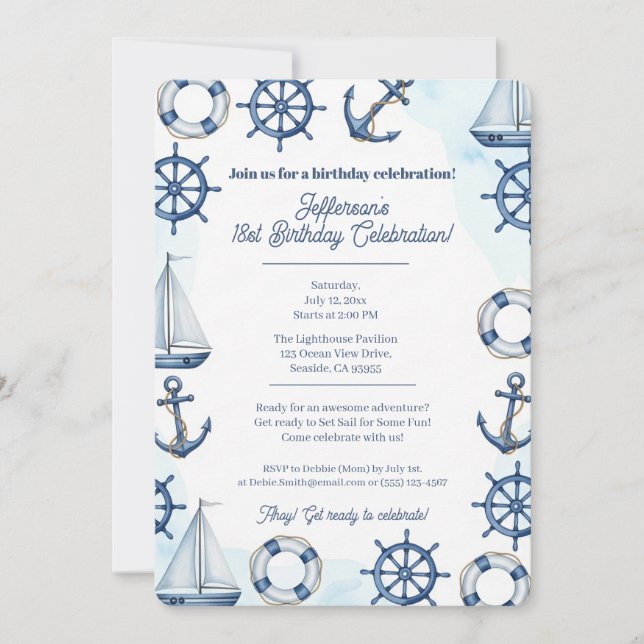 Nautical Watercolor Anchor Wheel Border Einladung (Vorderseite)