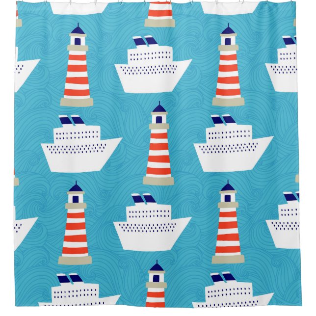 Nautical Waves: Lighthouse Cruiser Muster. Duschvorhang (Vorderseite)