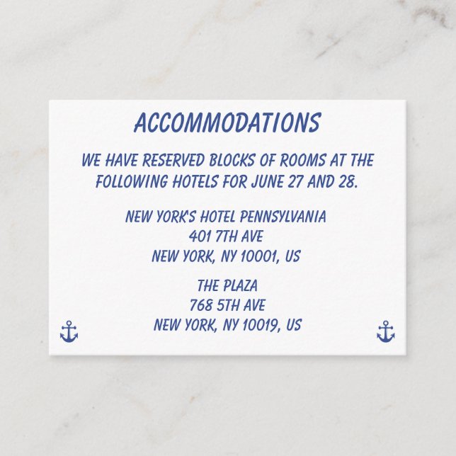 Nautical Wedding Accommodation Business Cards Begleitkarte (Vorderseite)