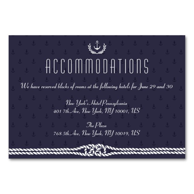 Nautical Wedding Accommodation Card Tischnummer (Vorderseite)