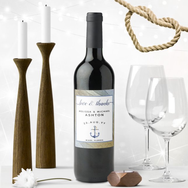 Nautical Wedding Anchor Blue & Gold Weinetikett (Nautical Love & Thanks Personalized Nautical Wedding Wine Labels with Textured Blue & Gold Border)