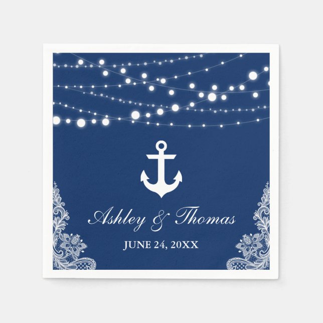 Nautical Wedding Anchor Lights & Lace Navy Blue Serviette (Vorderseite)