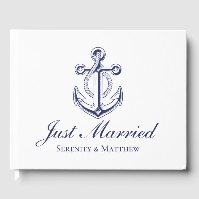 Nautical Wedding Anchor Navy Blue Just Married Gästebuch (Vorderseite)