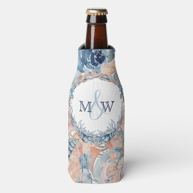 Nautical Wedding Beach Seashell und Rose Flaschenkühler (Flaschenvorderseite)