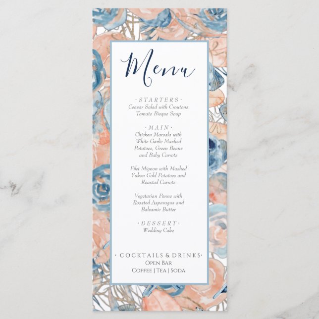 Nautical Wedding Beach Seashell und Rose Menükarte (Vorderseite)