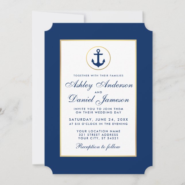 Nautical Wedding Blue Anchor Einladung W (Vorderseite)